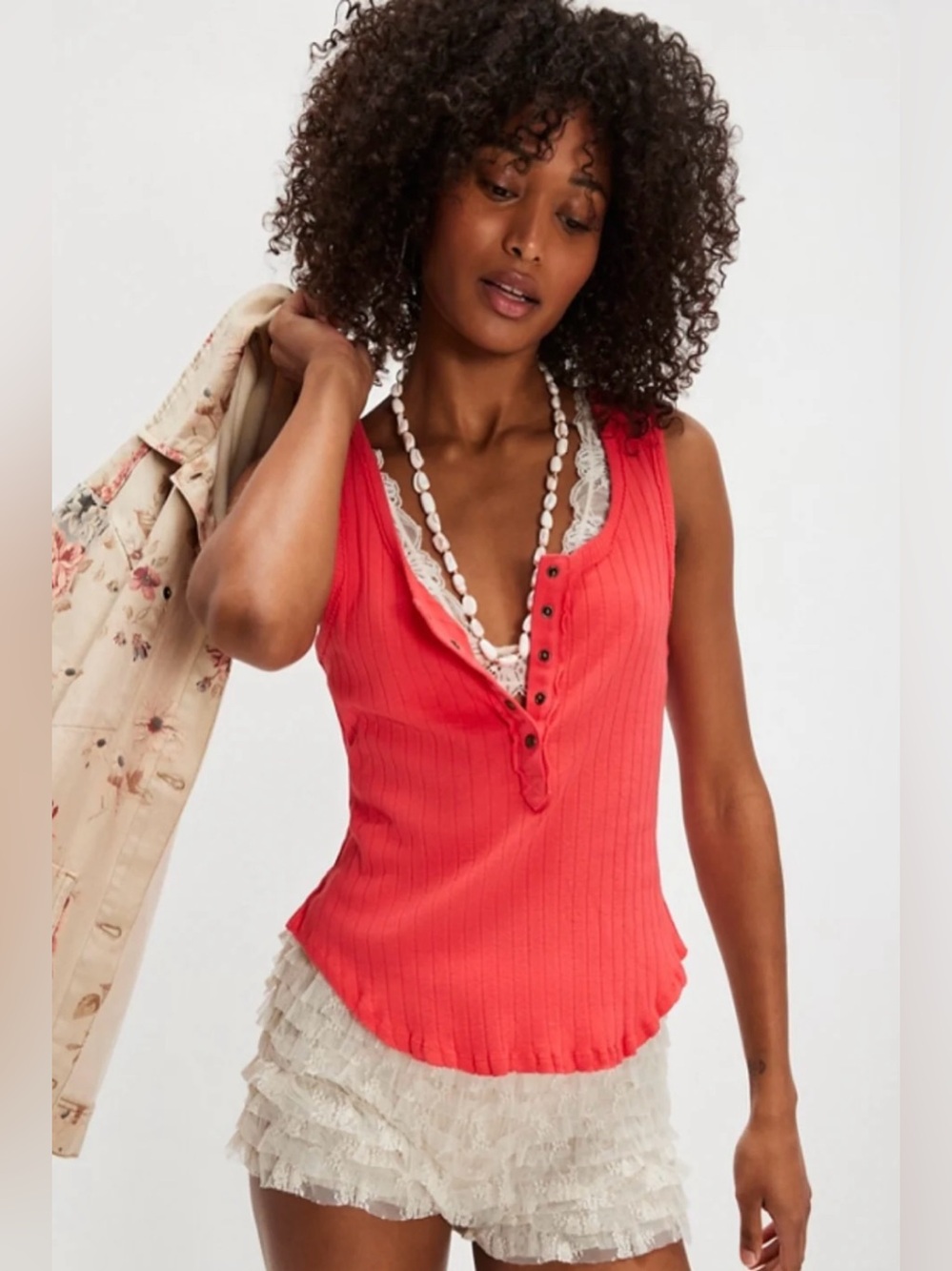 Free People Ribbed Henley Tank in Coral Red